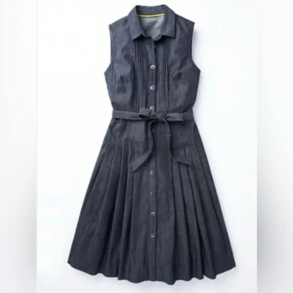 Boden denim dress Midi Pleated Button Down Dark Wash Belted sizes 14L NWOT - Picture 3 of 9